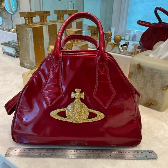 Vivienne Westwood Jasmine Red Patent Leather Handbag with Gold Glitter Detail - Picture 12 of 16